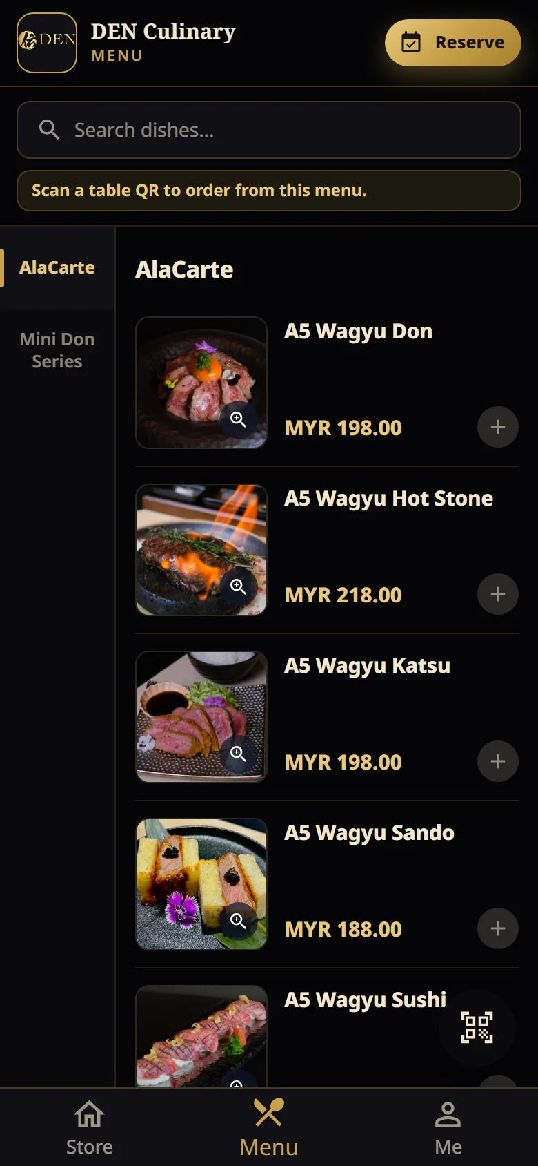 Menu DEN Culinary dalam aplikasi, dengan foto hidangan dan harga