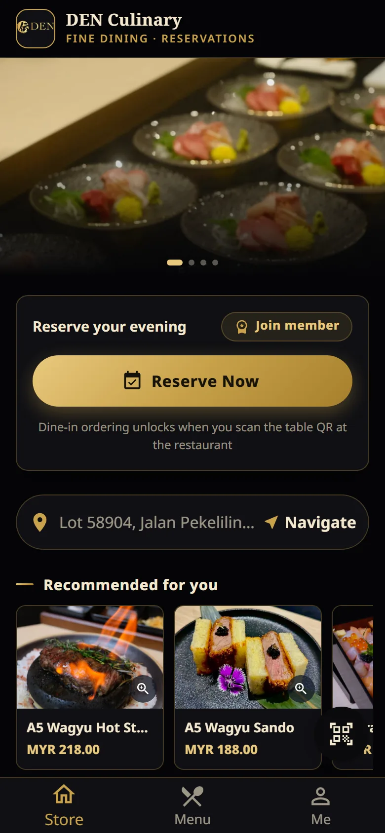 Kedai DEN Culinary dalam aplikasi — butang Reserve Now dan Join member, serta hidangan disyorkan